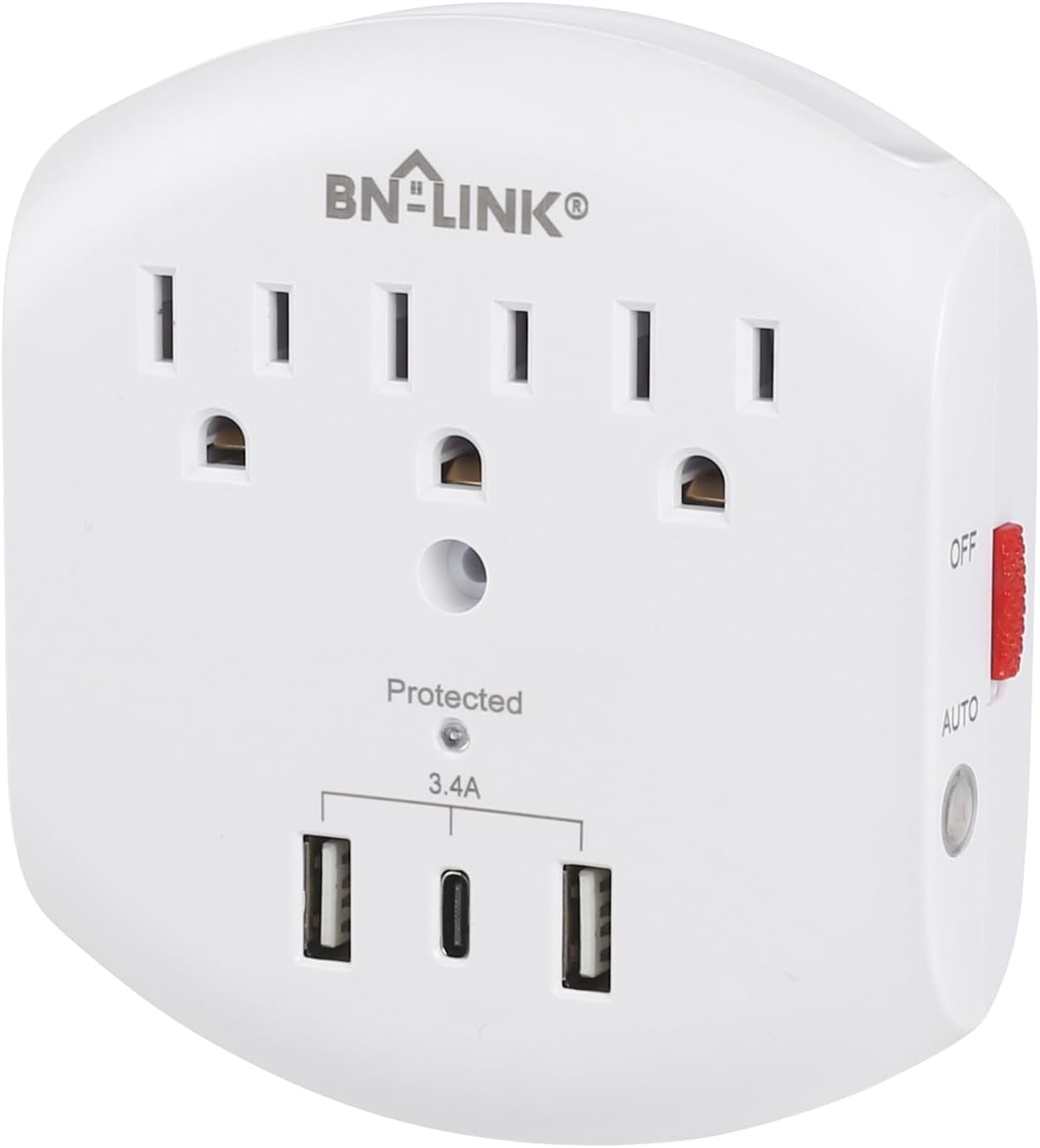 BN-LINK 3-Outlet Extender, Multi Plug Outlets with 3 USB Ports (3.4A Total), Dusk-to-Dawn Sensor Night Light, Surge Protector with Top Phone Holder, for Traveling, Home, School, Office