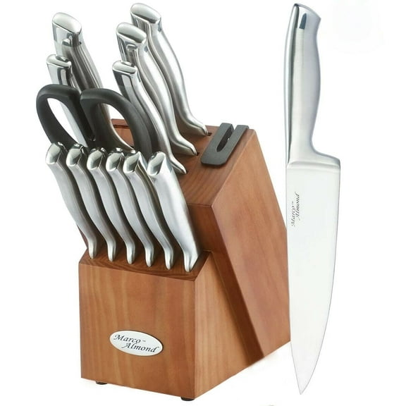 Marco Almond KYA26 14-Piece Knife Block Set with Built-in Sharpener,Stainless Steel knife set