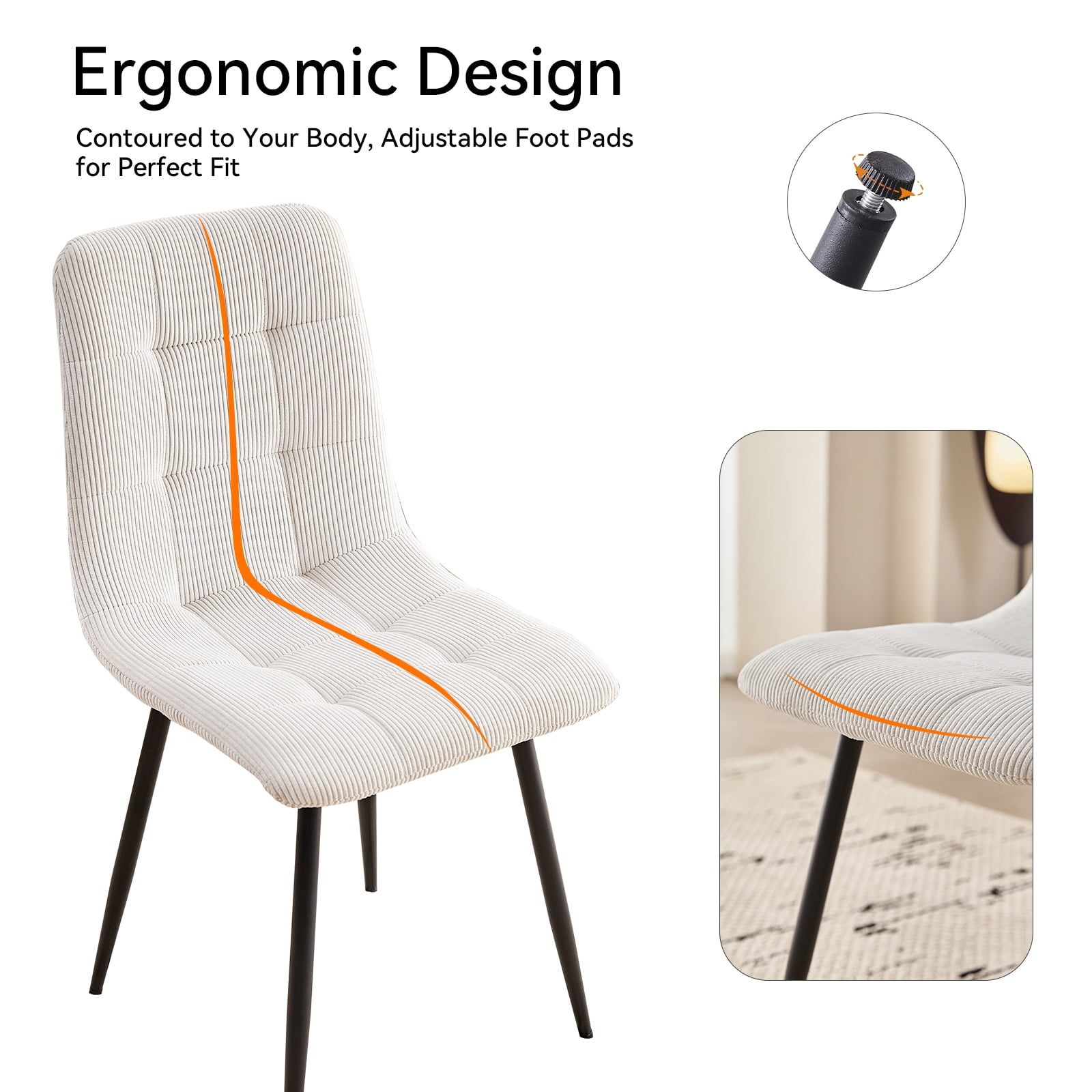 Corduroy Dining Chairs Set of 4, Modern Upholstered Fabric Kitchen Chair with Metal Legs for Living Dining Room, Apartment, Side Chairs with Thick Cushions, White