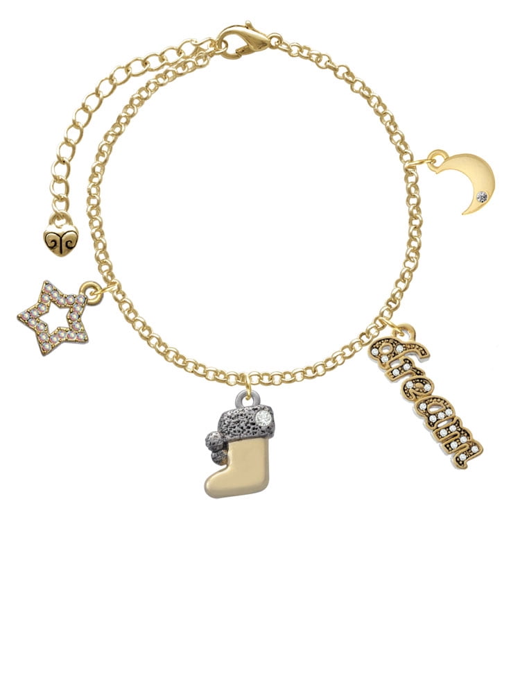 Delight Jewelry Two-tone 3-D Stocking with Clear Crystal Goldtone Dream Big Charm Bracelet, 7.5+2" Extender