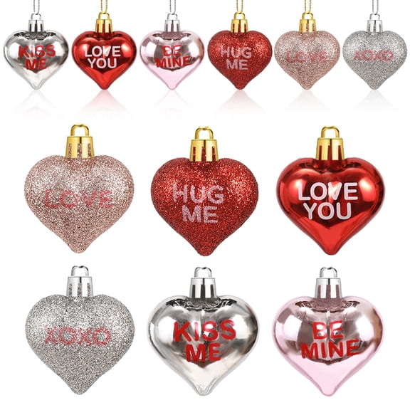GOBWCOT 24 Pcs Valentine's Day Heart Ornaments, Valentines Heart Baubles with Sweet Love Words for Romantic Valentine Decorations, 6 Styles Valentine's Day Gift