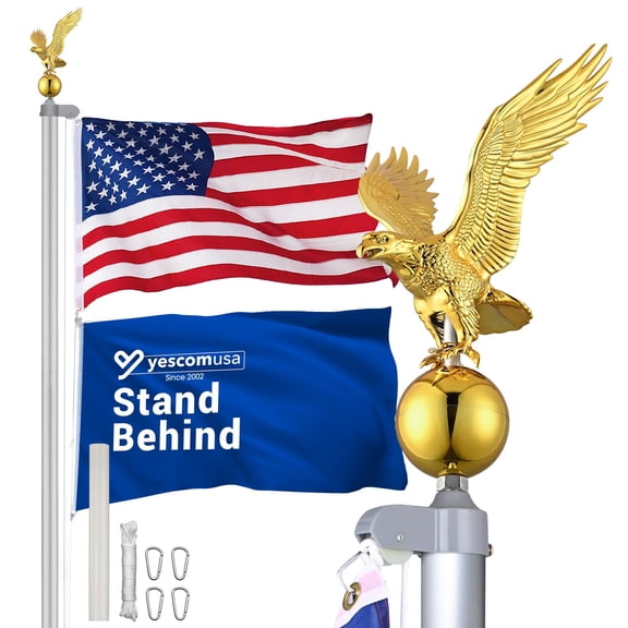 Yescom Bravery 20Ft Eagle Topper Sectional Flag Pole Kit Aluminum Outside Inground Garden with 3'x5' USA Flag Silver