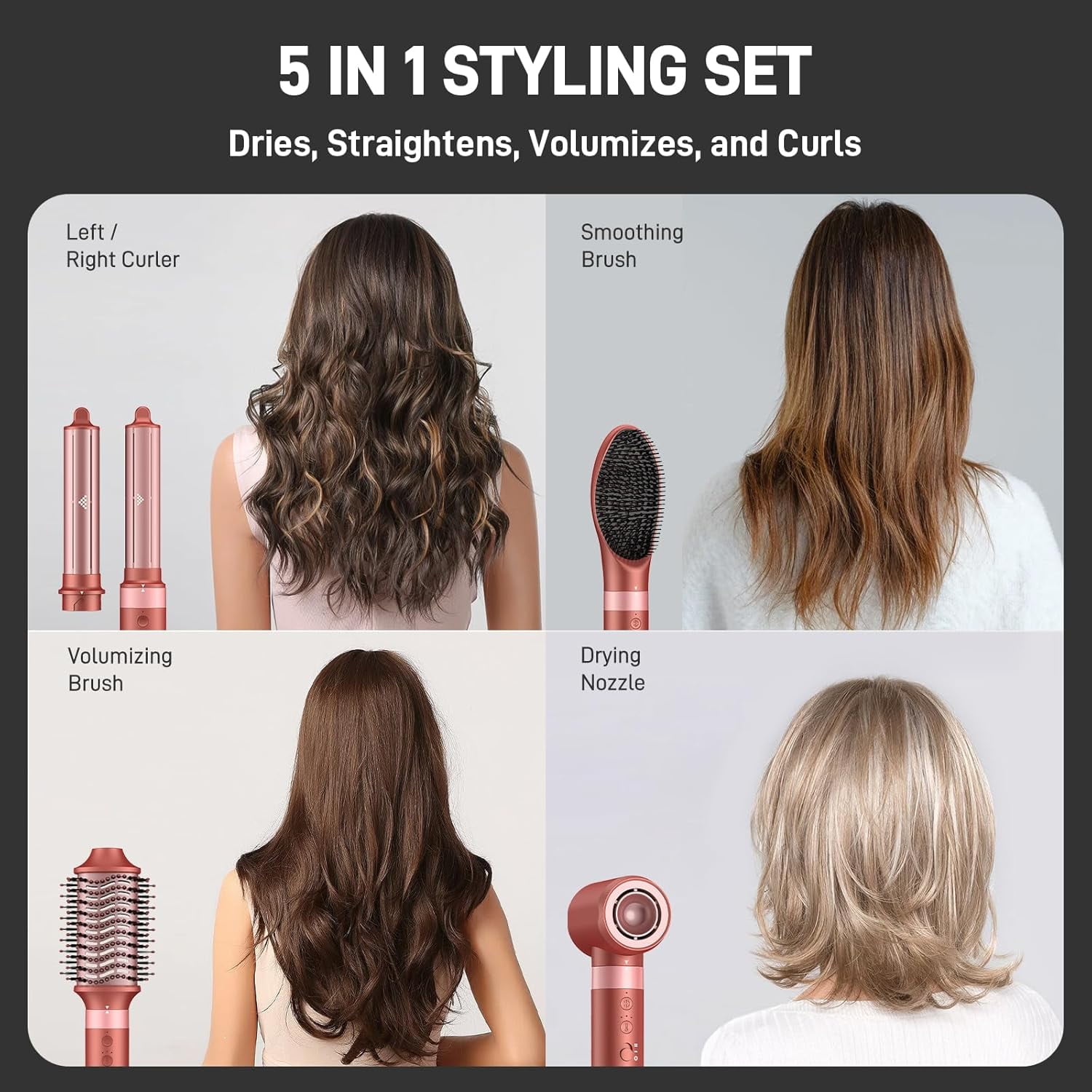 5-in-1 High-Speed Hot Air Styler with Diffuser for Curly Hair - Professional Frizz-Free Hair Dryer Brush for Fast Drying, Curling & Volumizing, Includes Travel Bag