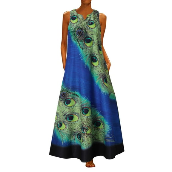Tiqkatyck Dresses for Women 2023 Women Plus Size Sleeveless Peacock Print Long Maxi Dress Boho Summer Beach Dress Womens Dresses Blue