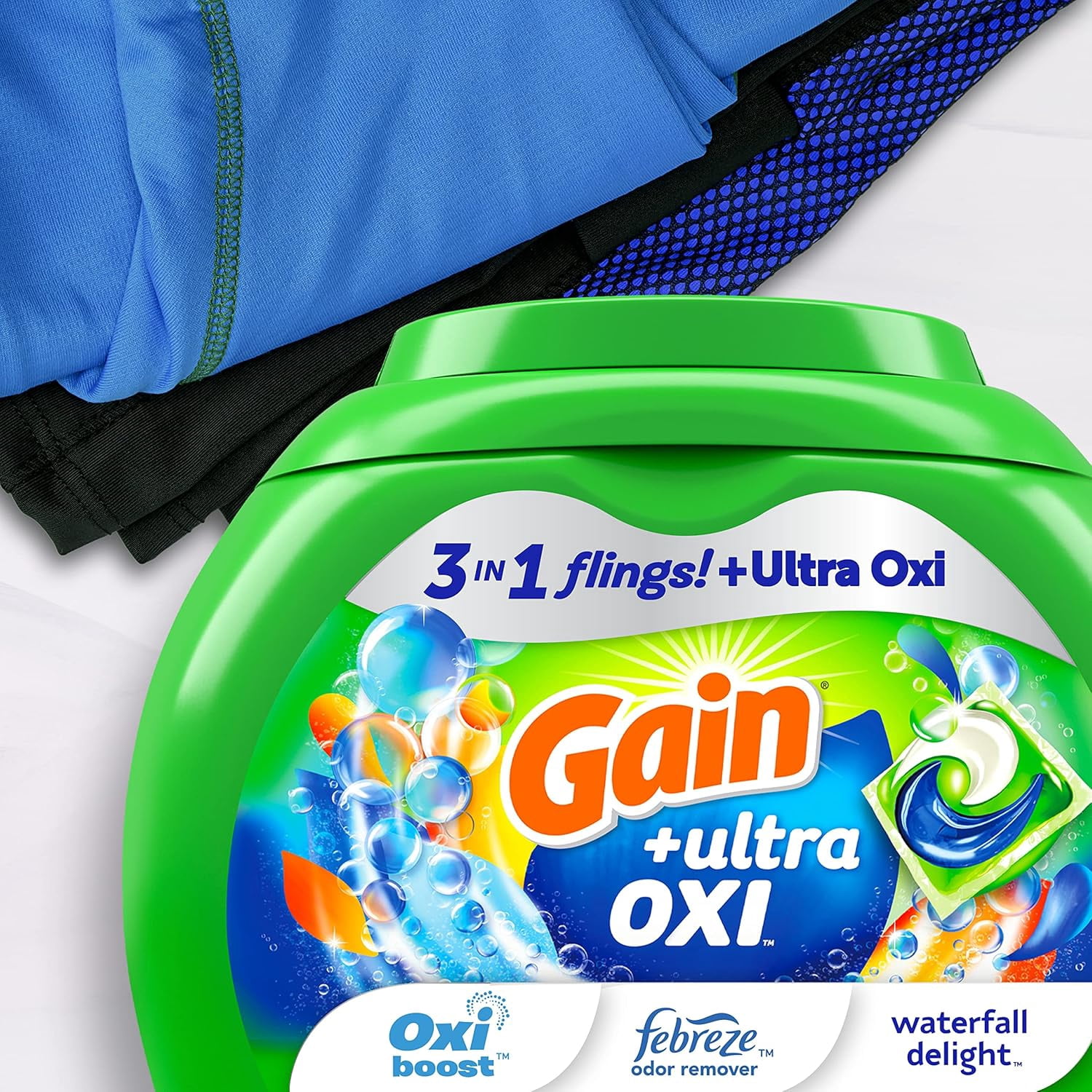 flings Ultra Oxi Laundry Detergent Pacs, 112 Count, Waterfall Delight Scent, 3-in-1, HE Compatible
