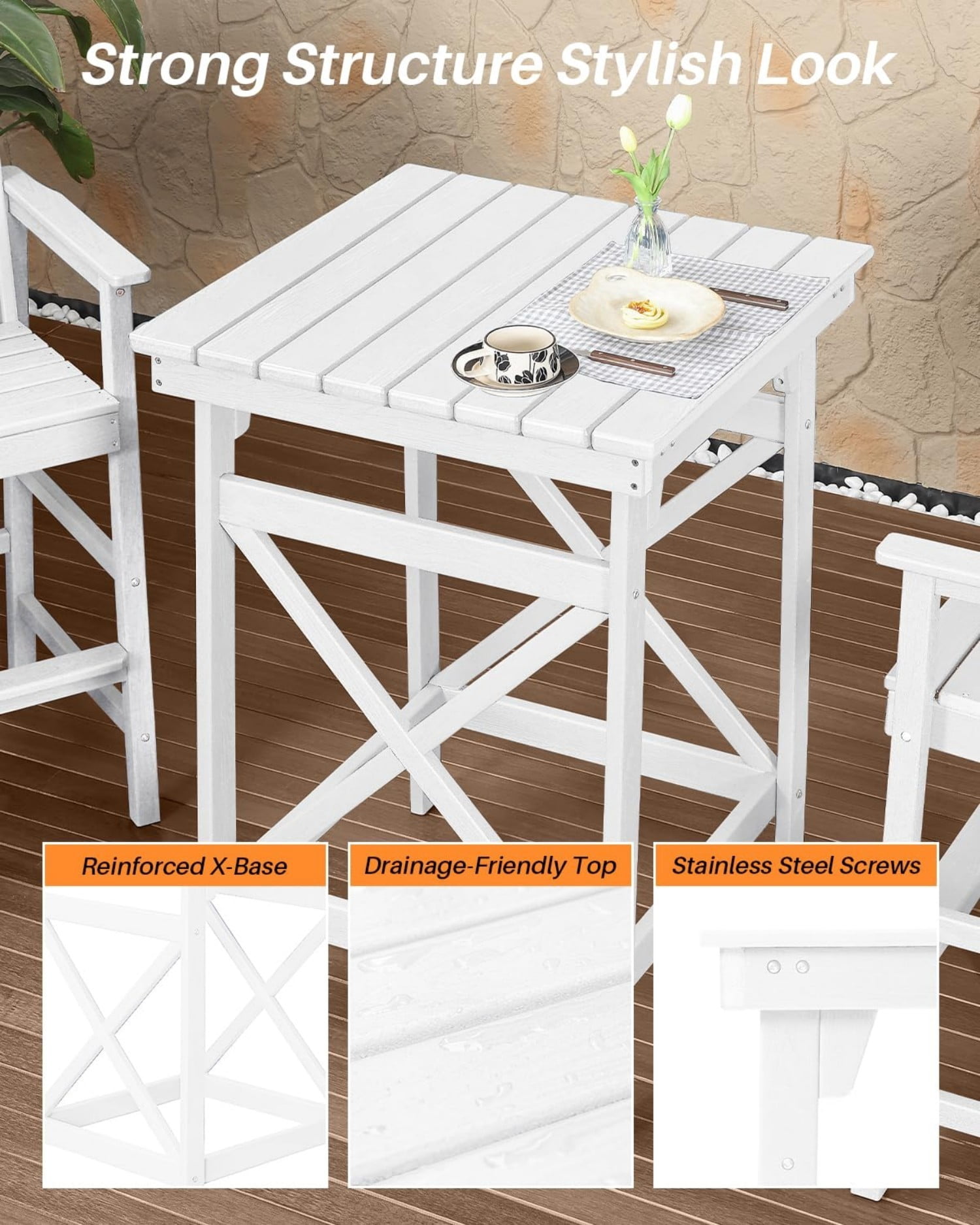 3-Piece Adirondack Bar Table Set, HDPE Outdoor Bar Height Chairs and Table Set, All Weather Patio Bar Furniture for Balcony, Porch, Garden, Poolside, Pearl