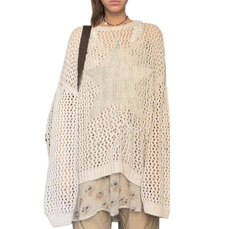 

Shark Slippers Women Autumn Long Sleeve Shirt Solid Color Knit Hollow out Loose Pullover Casual Tops