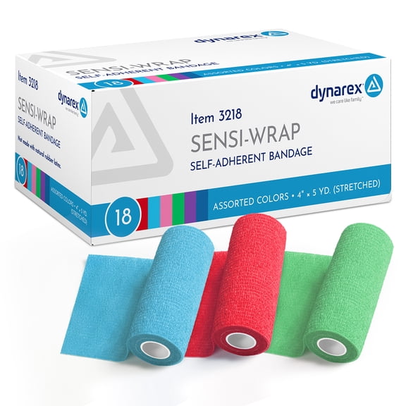 Dynarex Sensi-Wrap Self-Adhesive Bandages, 18-Pack, 4" x 5 yards, Assorted Colors, Latex-Free, Colored Elastic Cohesive Athletic Tape, Tattoo Grip & Vet Wrap