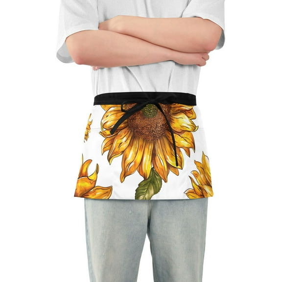 Sunflower in White Waist Apron Adjustable Server Half Apron Kitchen Cooking with 3 Pockets for Men Women