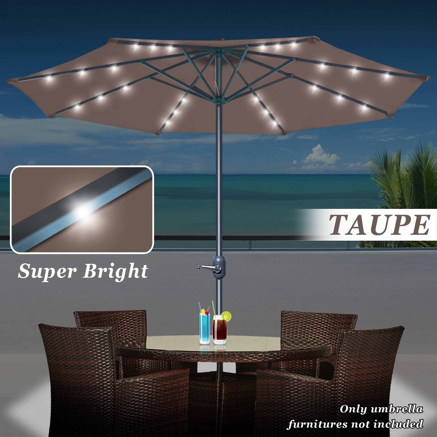 Sunny 9' Aluminum Solar Powered Patio Umbrella 24 LED Light Parasol Sunshade with Crank (Taupe)