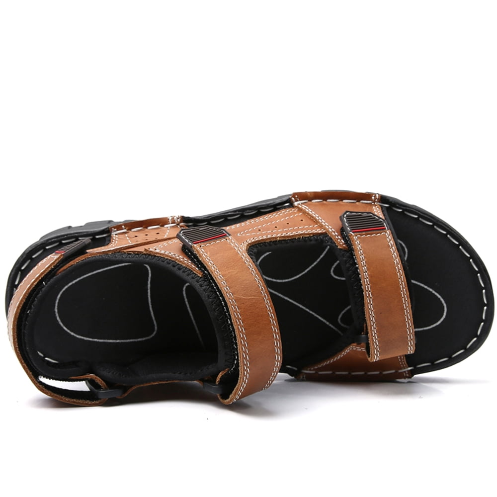 Lopise men's summer sandals leather casual beach sandals non slip folding resistance brown sandals US size 11
