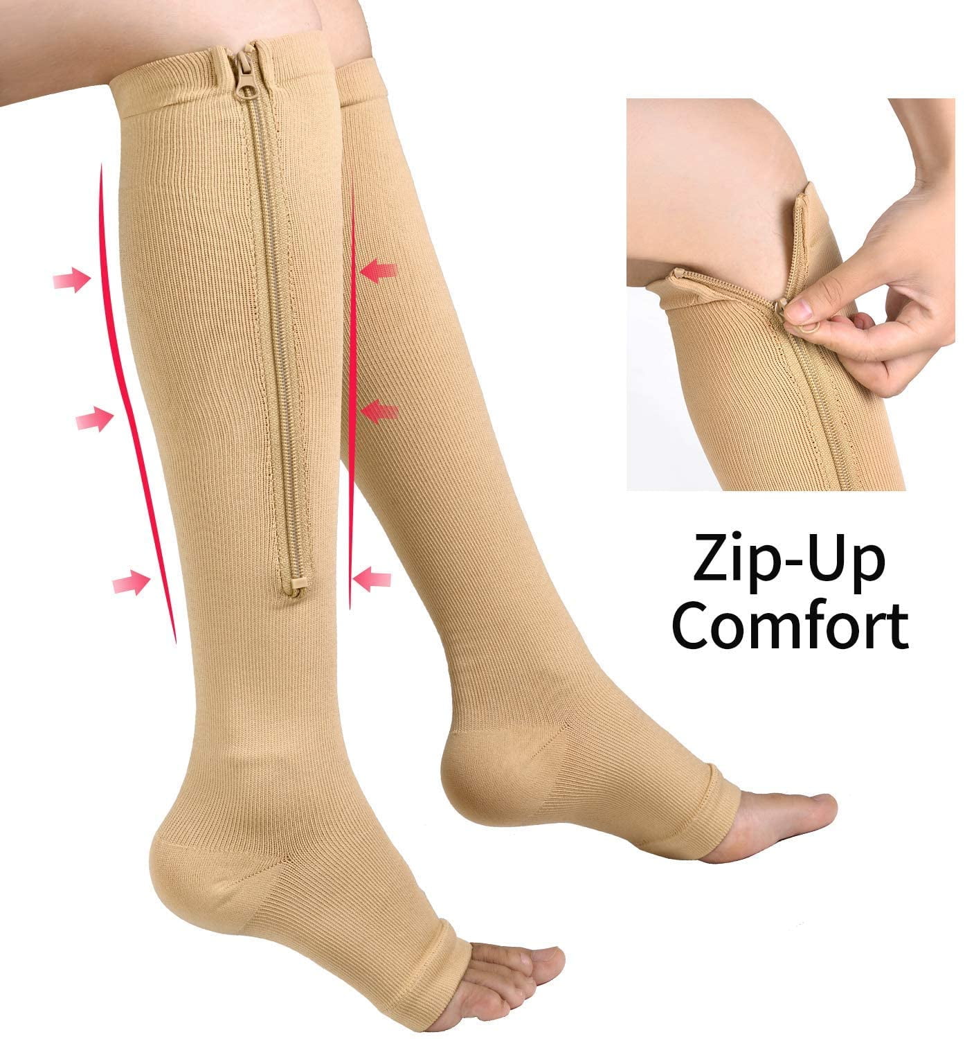 Aoliks 2 Pairs Black Zipper Compression Socks Open-Toed Zip Up Support  Stockings(20-30mmHg)