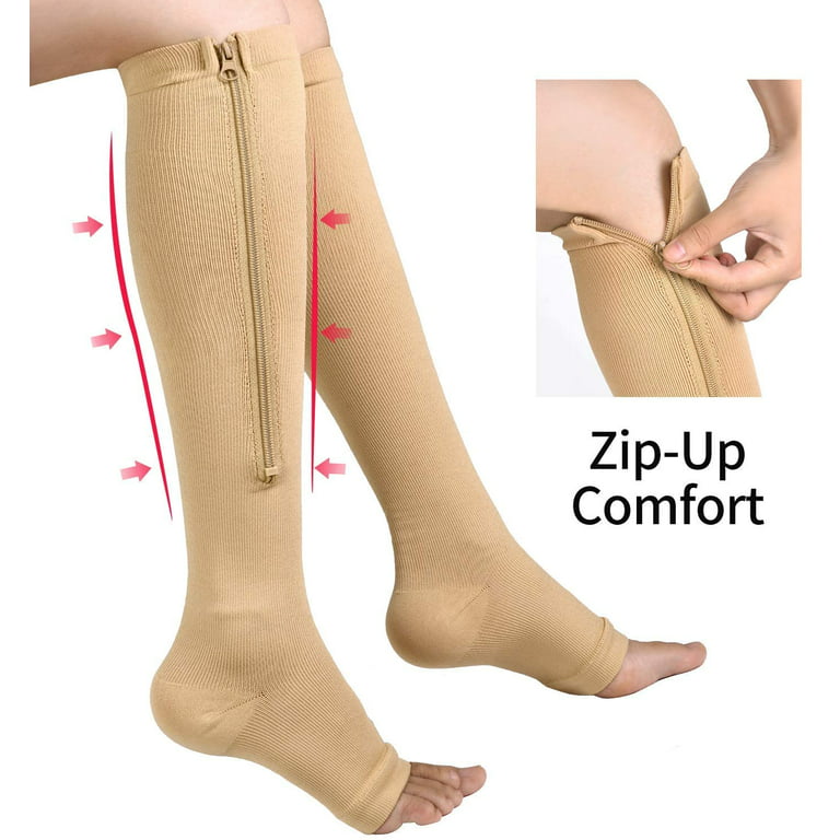 Zipper Compression Socks Graduated Compression Knee High Open Toe Toeless Support  Stocking 2 Pairs 