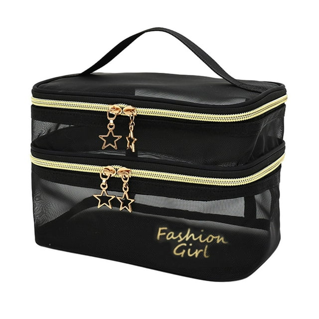 Bolsa de aseo de doble capa, bolsa de mano pequeña portátil, bolso de mano grande y ligero para negro con palabras