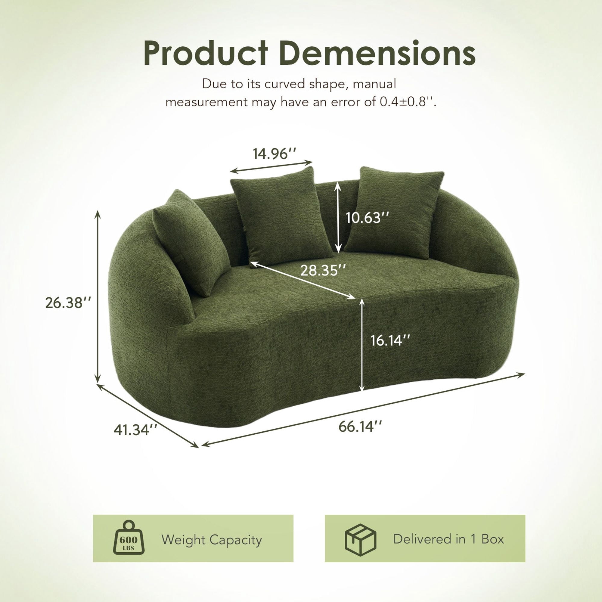 Sailvan Curved Modern Boneless 2-Seater Chenille Sofa Loveseat with 3 Pillows