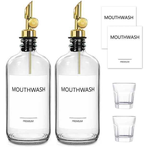 Dispensador de enjuague bucal TOLDATLI de vidrio con vaso de 500 ml, paquete de 2