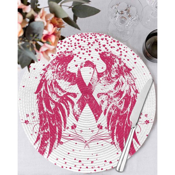 13 Inch Round Placemats Set of 6, Pink Ribbon Non Slip Heat Insulation PP Table Mats, Wings Romantic Love Heart Flowers Vintage Washable Place Mats for Kitchen Dining Party Table Decor
