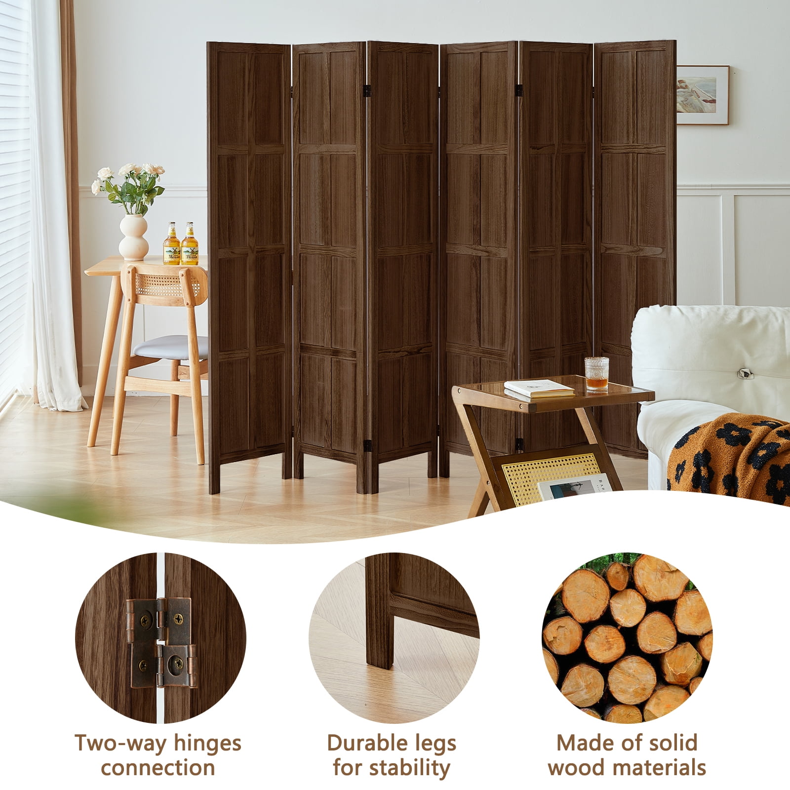 Aletheiawu 6 Panel Room Divider Wall and Folding Privacy screen, No Installation Require, Dark Brown