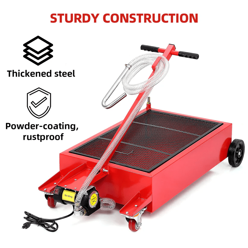 CazToi Oil Drain Pan 20 Gallon Low Profile  with Electric Pump 76L Oil Change Pan with 8ft Hose & Folding Handle, Rolling Oil Drain Cart for Car SUV Trucks Oil Draining