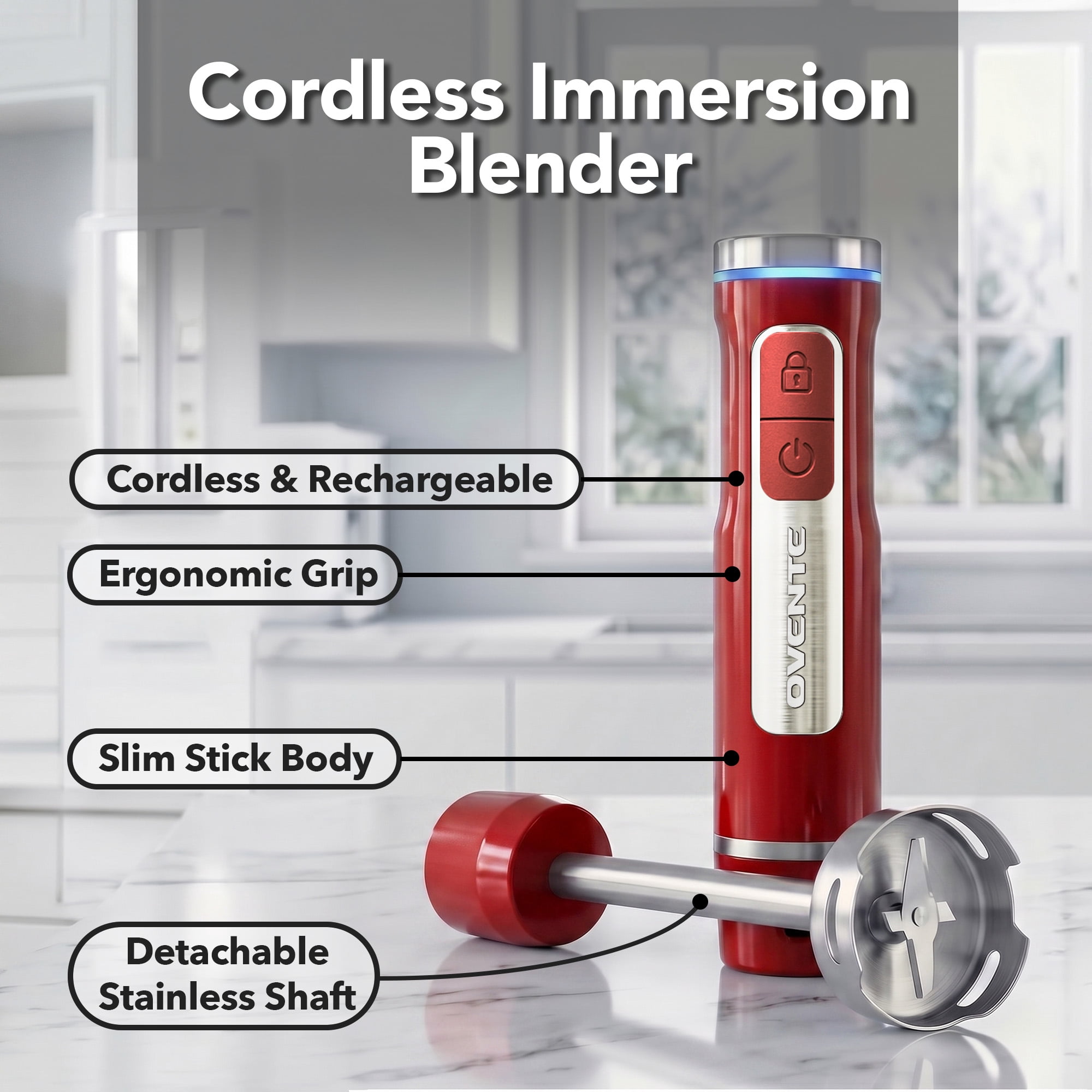 OVENTE Cordless Hand Blender, Rechargeable with 8 Mixing Speed Red HR781R | 200 Watts Handheld Portable Stick Mixer, One-Touch Control and Stainless Steel Blades for Smoothies, Shakes or Soups