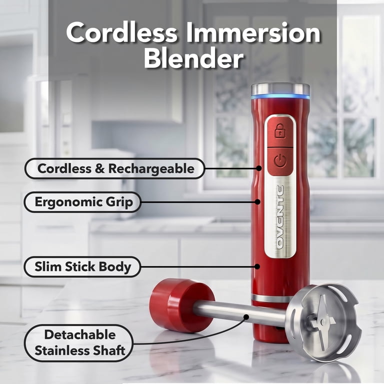 OVENTE Cordless Hand Blender, Rechargeable with 8 Mixing Speed Red