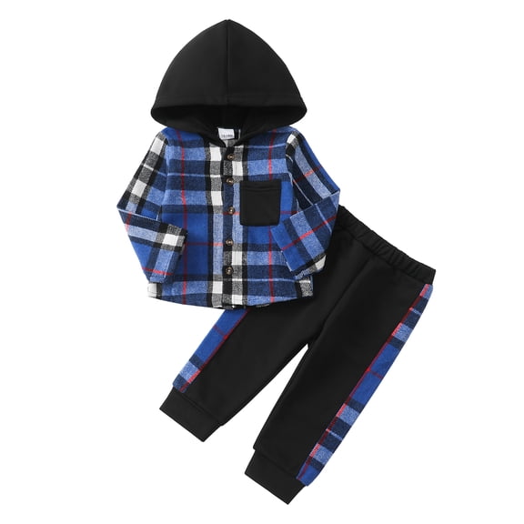 3T Baby Boys Clothes 4T Boys 2PCS Hoodie Outfits Set Toddler Boys Long Sleeve Hoodie Plaid Top Pants Set Blue