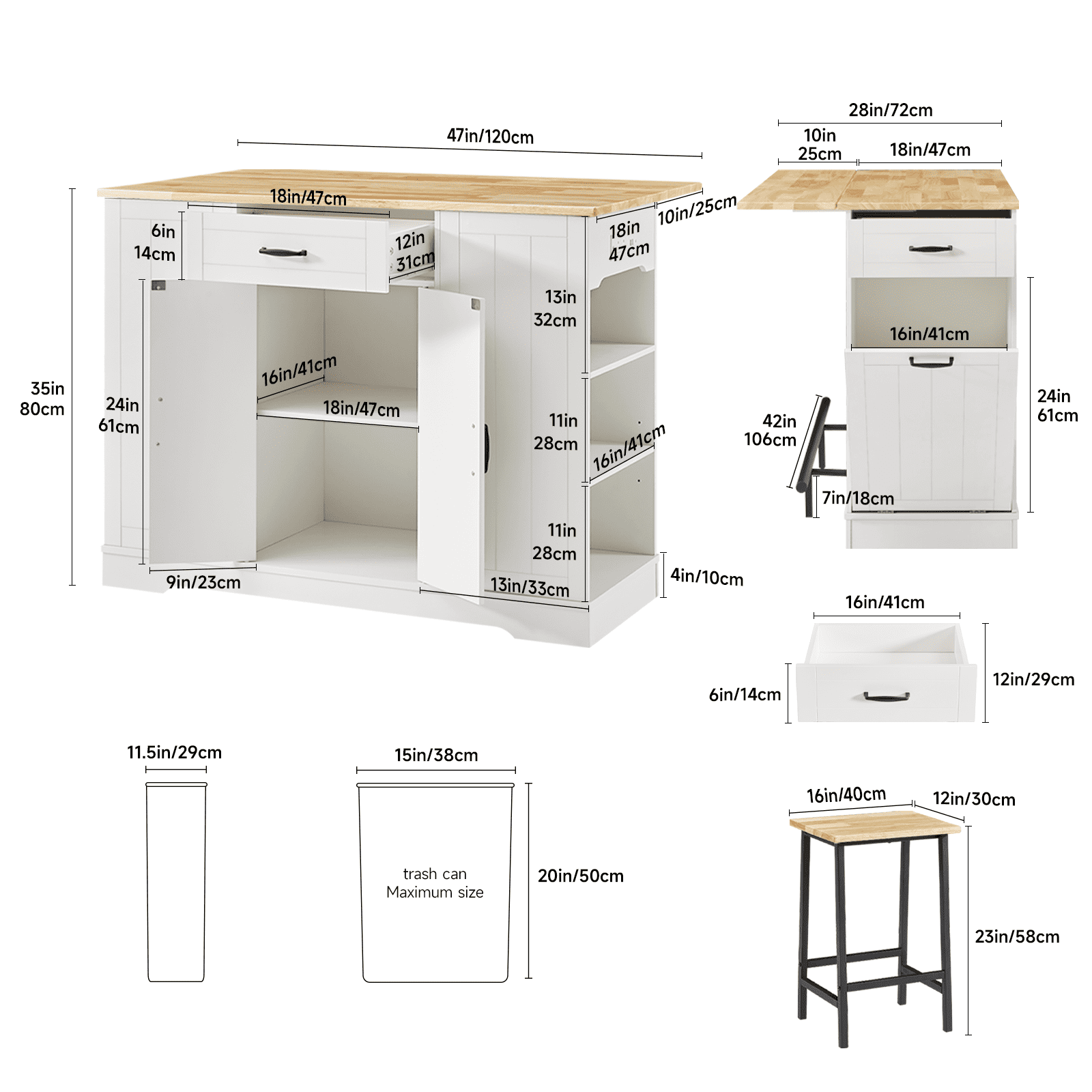 ROGALIS 47"Kitchen Island with 2 Chair, Stationary Island Table with Power Outlet, USB Ports, Spice Rack, Trash Cabinet, and Foldable Drop Leaf for Home Bar or Dining Room,White