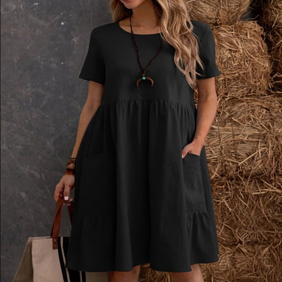 pstuiky Fashion Women Casual Round Neck Solid Summer Short Sleeve Pockets Dress