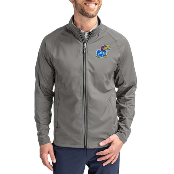Men's Cutter & Buck Gray Kansas Jayhawks Primary Logo Adapt Eco Knit Raglan Full-Zip Jacket