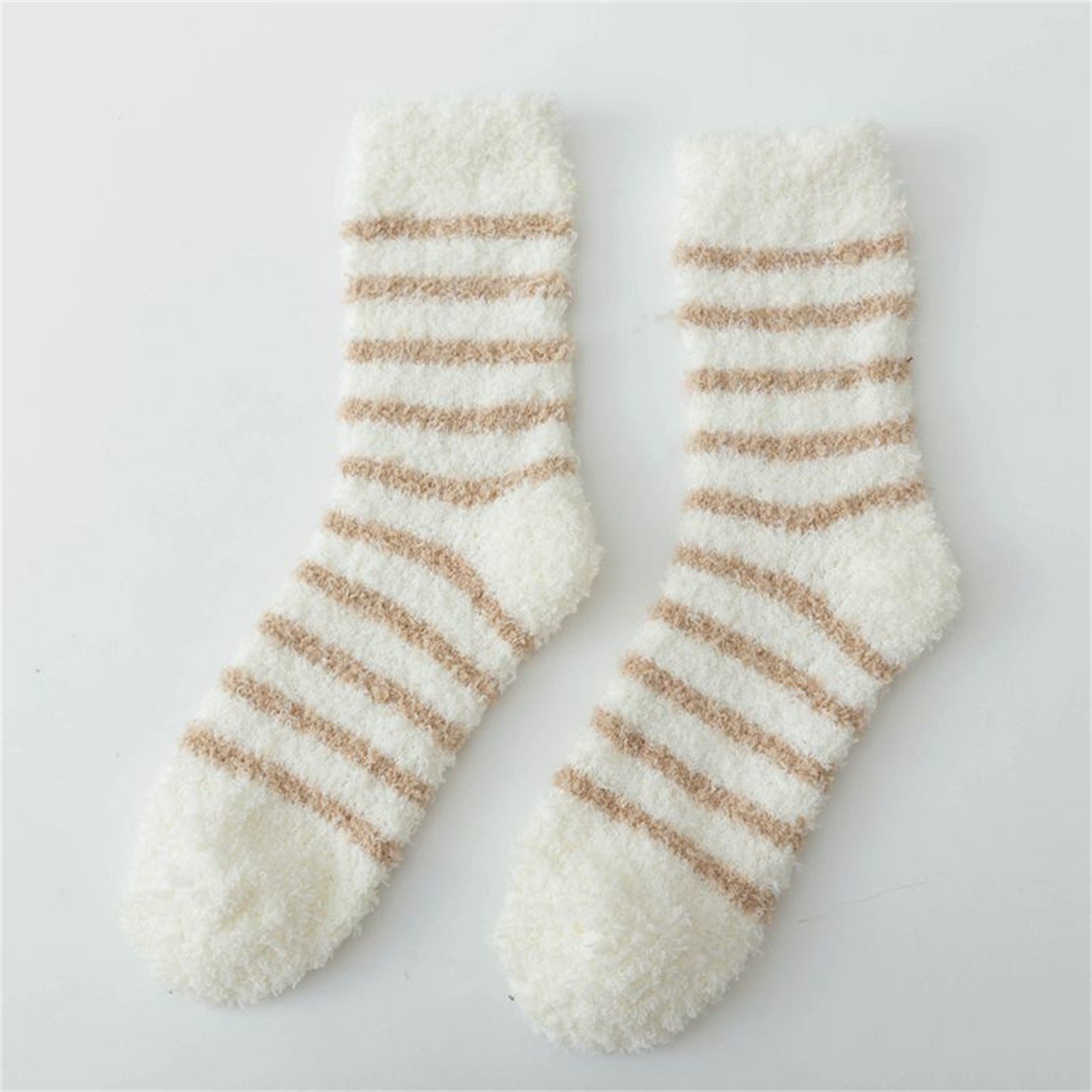 1Pc Neutral Striped Fuzzy Coral Fleece Crew Socks Thick Thermal Plush Hosiery Soft Warm Socks for Women Winter Bedroom Sleeping Lounge Wear Brown