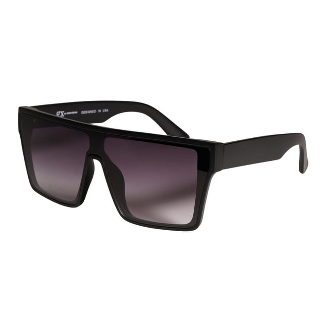 GX by Gwen Stefani GXS02BLK Lunettes de Soleil avec Monture Bouclier Plate Légère en Plastique Noir Mat et Verres Dégradés en polycarbonate Fumée vers Violet, Dotés de Charnières Métalliques standard, Présentées dans une Vue Inclinée 3/4 sur Fond Blanc, Convenant à une protection Solaire Élégante.