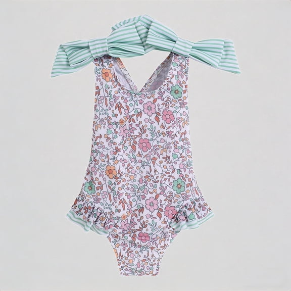 REDARER Girls One-Piece Swimsuit: Floral Print, Backless Bow Strap, Ruffled Hem – Cute Summer Beach Bathing Swimwear,5-6 Years