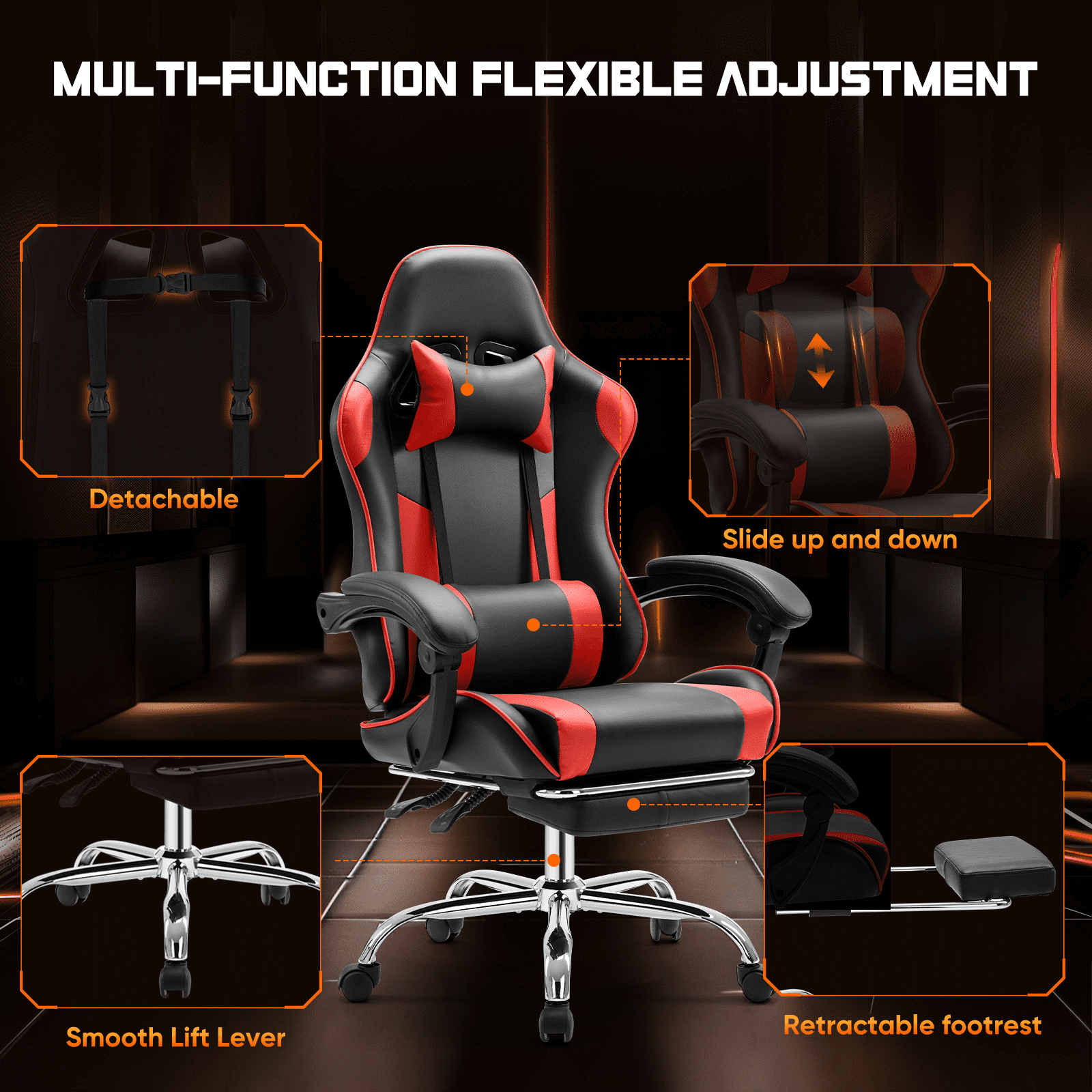 MAYEERTY Video Game Desk Chair - Ergonomic Computer with Footrest and Comfy Lumbar Support, PU Leather Recliner with Headrest, Fixed Up Armrest,