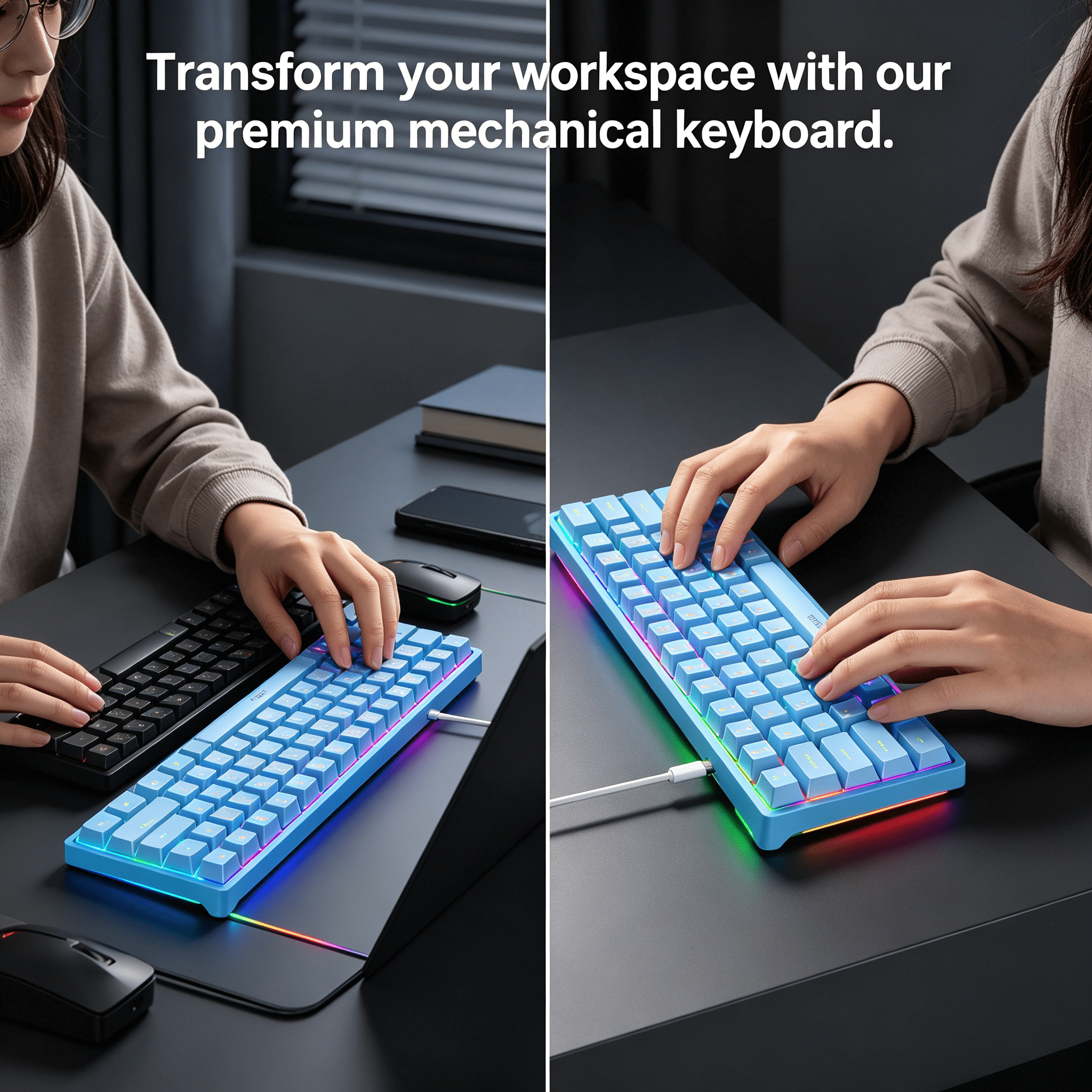 GJX 2026 New Mini Keyboard Dual Adjustable Legs for Ergonomics 60% Keyboard Mechanical Switches Dual-Color Keycaps Computer Keyboard for Windows Blue