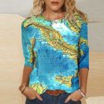 thumbnail image 2 of LYXSSBYX 3/4 Length Sleeve Womens Tops Women's Retro Map Print Fashion Printed Round Neck 3/4 Sleeve T-shirt Top, 2 of 5