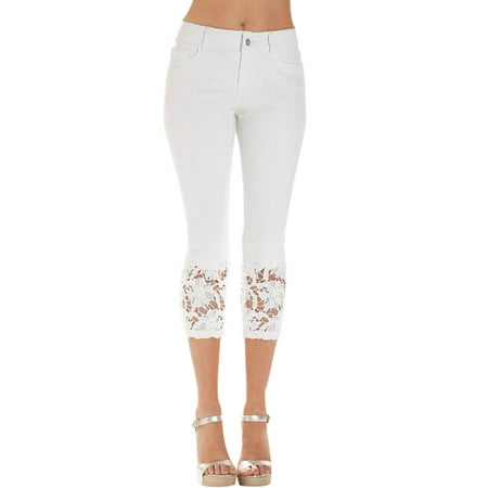 Fashion Women Casual 3/4 Length Cropped Denim Skinny Jeans Crochet Lace Pencil Jeans Pants (Best White Cropped Skinny Jeans)