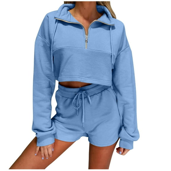 UYISJ Womens Cotton 2 Piece Outfits Sweatsuit Lounge Sets Half Zip Crop Top and High Waisted Shorts Sweatshirt Tracksuit
