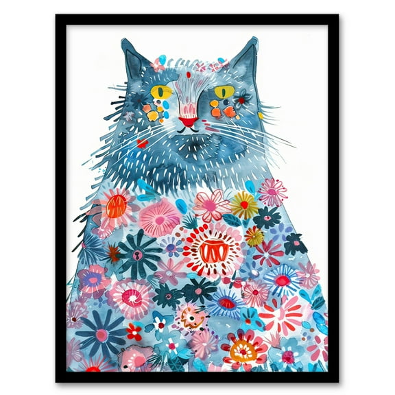 Artery8 Blue Kitty Covered in Flowers Cat Lover Folk Art Kids Bedroom Nursery Art Print Framed Poster Wall Decor 12x16 inch