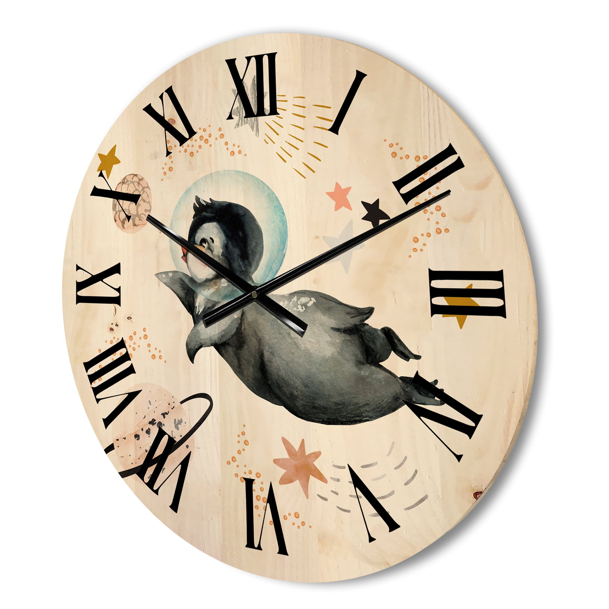 Designart 'Little Penguin Flying Planets and Stars II' Farmhouse Wood Wall Clock