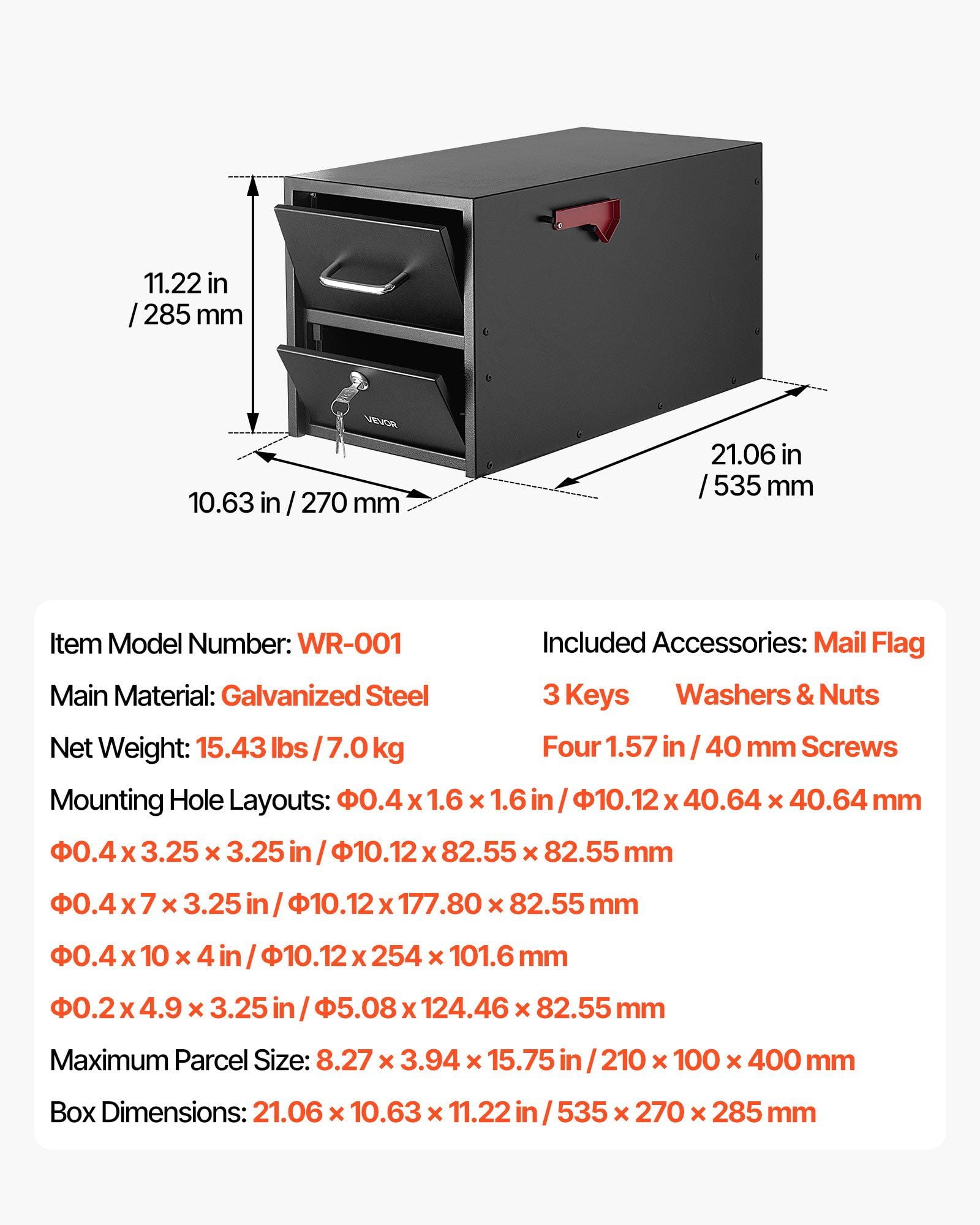 21.06" L x 10.63" W Security Mail Box for Outside Post Mount, Anti-Pry Design with Lockable Key Entry and Smooth Closing Magnetic Door, Large Capacity Metal Mailbox