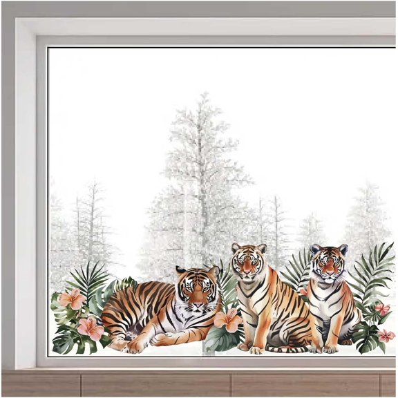 15 x 46 Inch Tiger Window Sticker Large Plants Flowers Animal Non Adhesive Reusable Anti Collision Decorative Window Decals Cling for Stop Birds Pets Strikes Home Room Nursery Decor colorful DIY