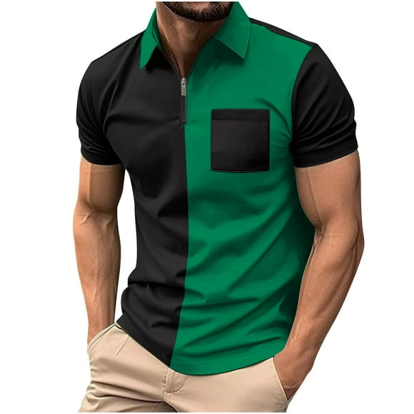 Polo à Fermeture Éclair pour Hommes, T-Shirts Décontractés à Manches Courtes, Chemises de Golf à Blocs de Couleur avec Poche Poitrine