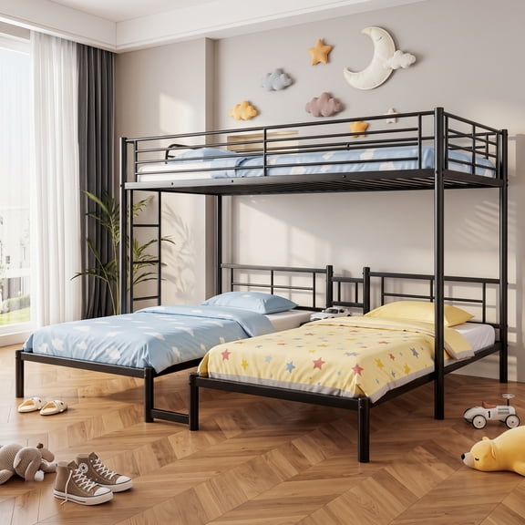 CISILOV Twin Over Twin & Twin Triple Bunk Bed, Metal 3 Person Bed Frame with Storage Shelves, Safety Guardrails, Reversible Ladder, Space-Saving Design for All Ages, No Box Spring Needed, Black