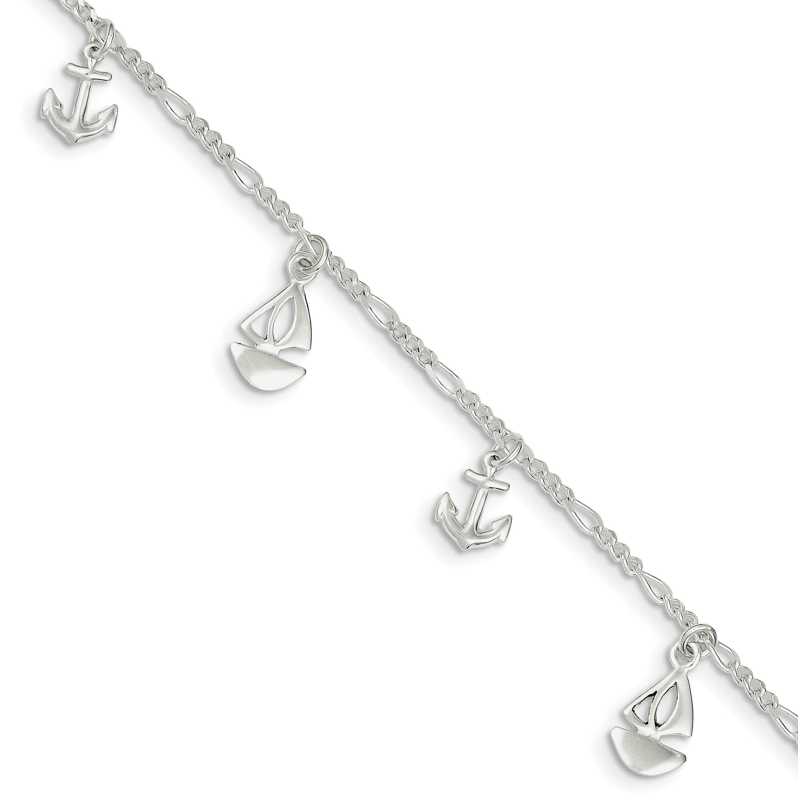925 Sterling Silver 2mm Polished Novelty Chain Anklet with 1in Extender Length