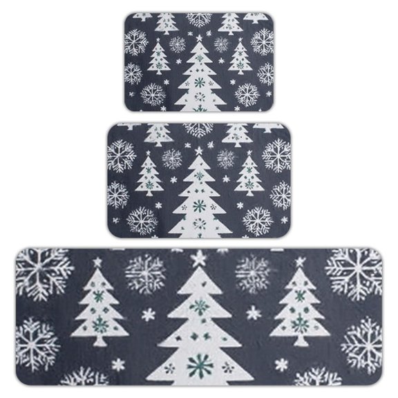 RKSupls Kitchen Rug Set 3 Piece Anti-Slip Flannel Floor Mats, Christmas Trees Snowflakes Washable Absorbent Runner Mats for Kitchen Bathroom Home Decor