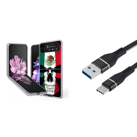 Bemz Premium Bundle for Samsung Galaxy Z Flip 3 5G: Slim Snap-On Protector Case (Mexico Skull), Nylon Braided USB-C to USB-A Cable (3 Feet)