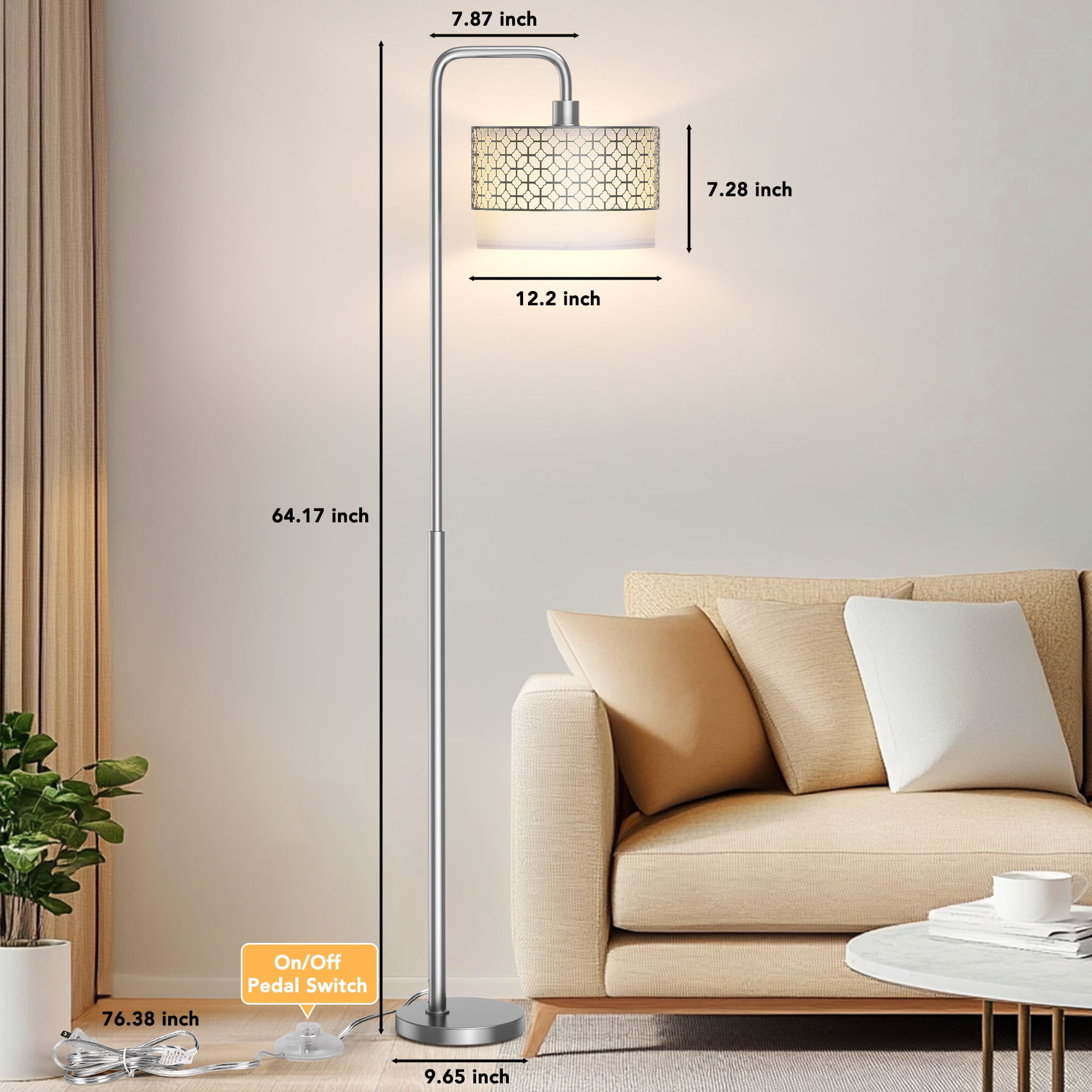 Metal Modern Standing Lamp, Silver Floor Lamp for Living Room Bedroom, Study Room, Office