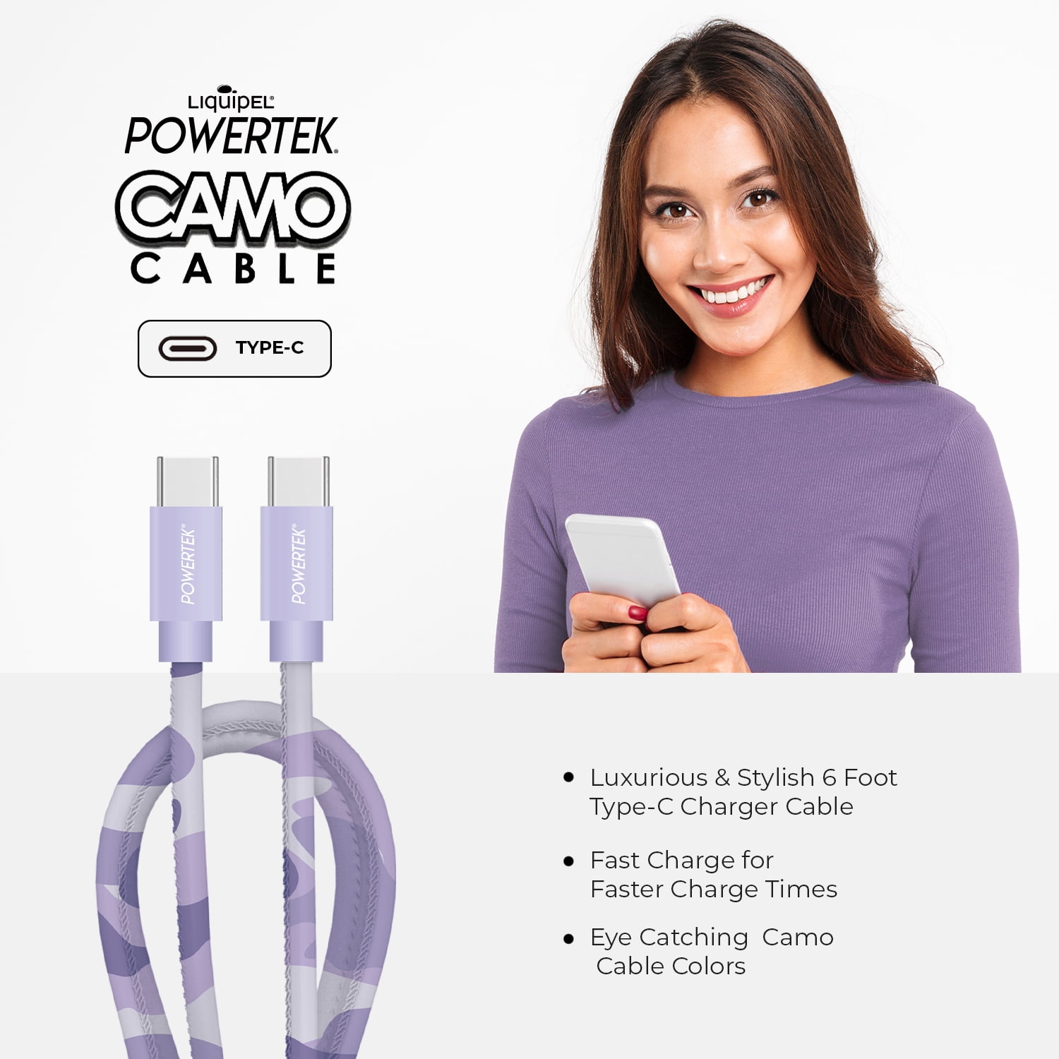 Liquipel Powertek Pastel Camo 6' USB-C to USB-C Cable, Purple
