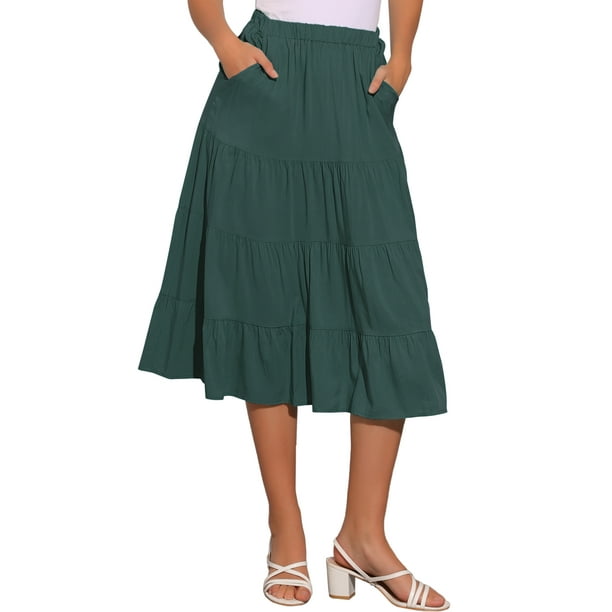 Faldas midi para mujer INSPIRE CHIC, sólidas, con cintura elástica, falda acampanada en capas con bolsillos, color verde ejército