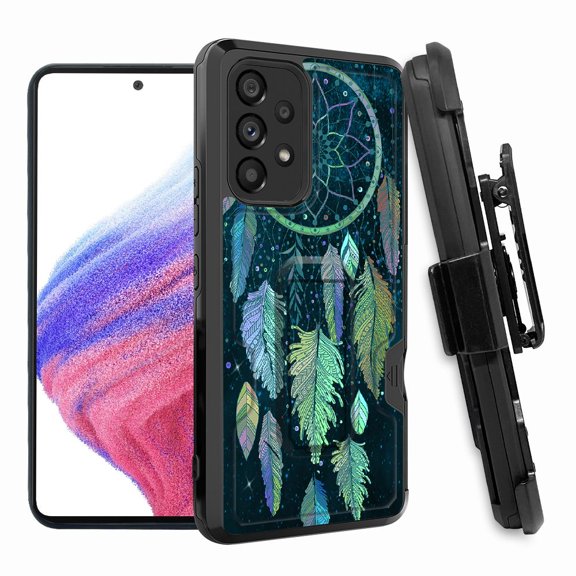 ANJ  Rugged Shockproof Hoster Case w/Card Slot, Kickstand   Tempered Glass Cover for Samsung Galaxy A33 5G - Twilight Dreamcatcher